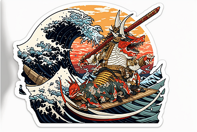 Shrimp samurai rides a shark and fig ai draw illustration midjourney stamp