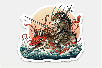 Shrimp samurai rides a shark and fig #3 ai draw illustration midjourney stamp vector