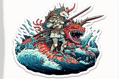 Shrimp samurai rides a shark and fig #4 ai draw illustration midjourney stamp vector