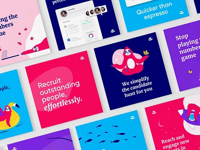 Ads collection ads blue branding hr ill illustration marketing mockup pink purple recruitment sloth