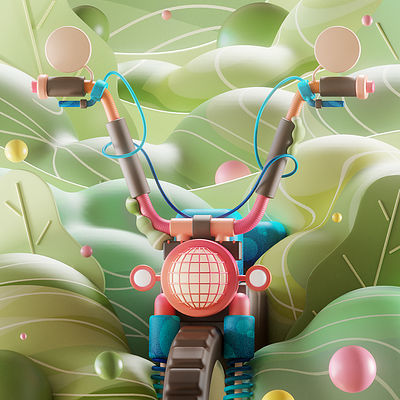 An abandoned motorcycle in the forest 36daysogtype 3d abstract bike color colorful cross cute design drive forest green illustration moto motorbike motorcycle smooth space velo y