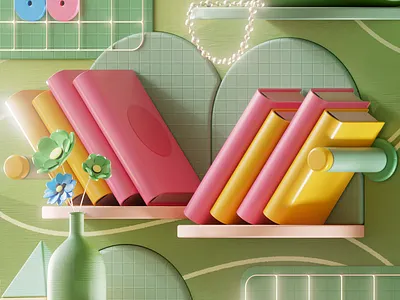 Books on a shelf 36daysogtype 3d book color colorful comics cute design illustration letter library literature logo novel paper pink read reading shelf v