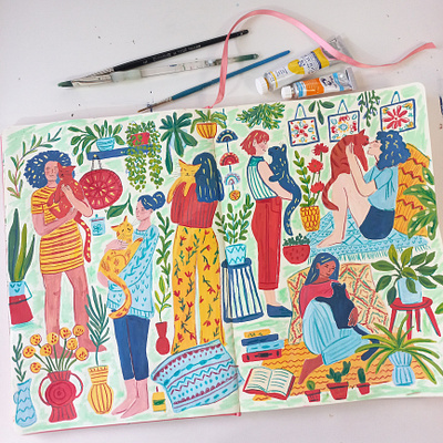 Me and my cat art book illustration cat drawing editorial gouache hand drawn illustration painting people sketchbook