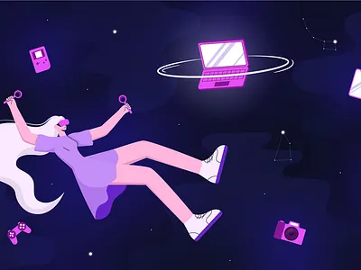 New Technologies ai camera character computer design devises female gamepad girl graphic design illustration it laptop people playing vr space stars technology vector vr