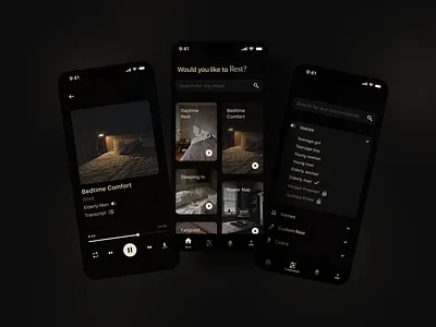 Rest; a sleepcast app app bed cool dark mode idea meditation mobile morgan freeman music new player settings sleep sound ui ux voice yoga
