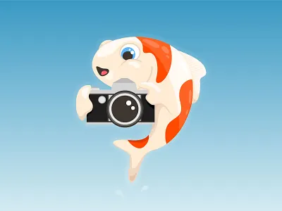 Koi fish taking a photograph using a vintage camera animal camera cartoon character cute fish fishing hobby illustration japanese koi nature ocean photograph photography sea smile swimming underwater water