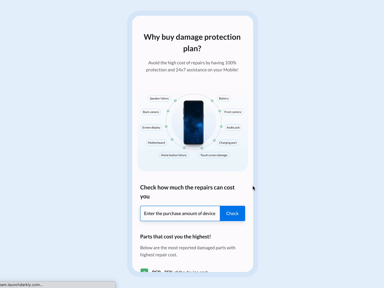 Mobile repairs cost calculator animation calculator cost damage protection design desktop figma animations gif insurance mobile new protection responsive spare parts ui web