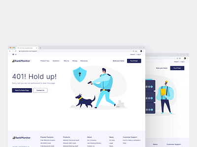 RankMonitor - 401 and 404 Error pages 401 404 clean design design error message error pages error state figma illustrations login error page not found ui unauthorized ux web design website