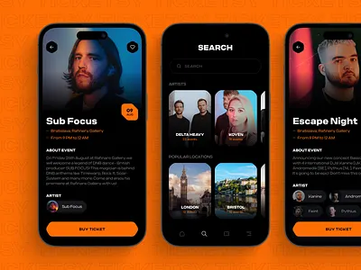 TICKETSY | Discover music events app app design black clean design events experience festival figma interface interface design ios mobile app music orange ticket ui user experience user interface ux