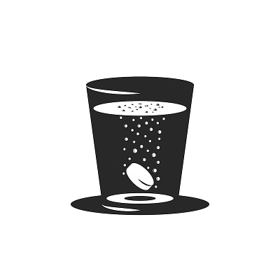 Effervescent tablet aspirin black and white bubbles carbon dioxide carbon tablet creative illustration design effervescent tablet emblem glass of water graphic design headache health care illustration logo medical illustration negative space pill