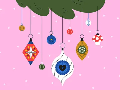 Christmas tree decorations on the branch 2d branding cartoon christmas card decoration graphic design holidays illustration new year card ui vector