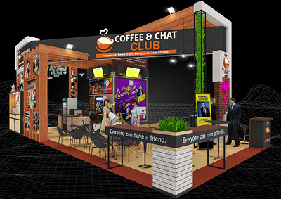 Coffee and Chat Club 6x12 Exhibition Booth 3d 6x12 6x12 booth artist impression booth branding brown color scheme cafe concept cafe design charity design event exhibition expo fair island booth render show space visualization