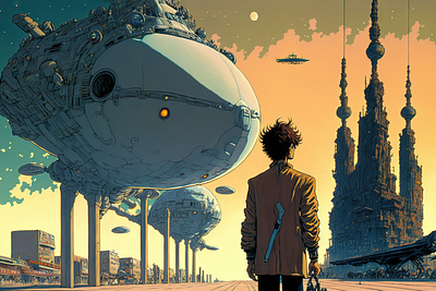 The Future is Here 6 ai airship anime art city color concept design digital futuristic gradient illustration light midjourney minimal painting photoshop simple sunset