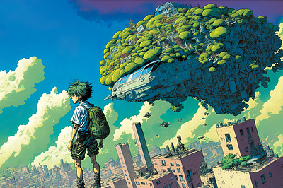 The Future is Here 5 ai airship anime art color concept design digital drawing futuristic gradient illustration light midjourney minimal painting simple sky