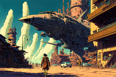The Future is Here 7 airship art city color concept cyberpunk design digital drawing futuristic gradient illustration light minimal painting photoshop simple