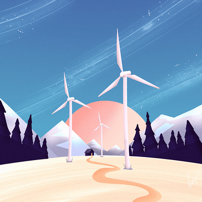 Wind power artwork design energy flat design graphic design illustration illustrator infinite painter landscape nature landscape renewable energy sustainability sustainable vector wind power windmill