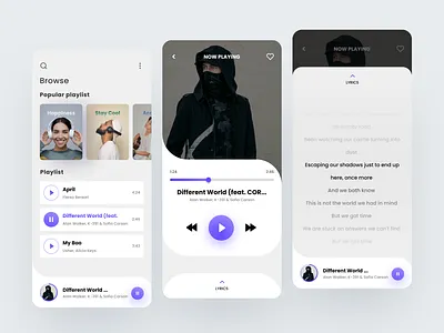 Music Player App clean lyrics minimal design mobile design music music player app playing music playlist product design songs ui design ui ux