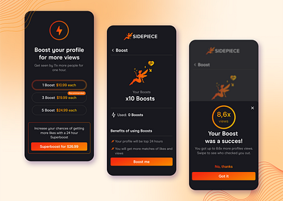 Membership Plans | Boost Feature | Dating App app boost branding buy plan concept dailyui dark theme dating dating app design illustration inspiration logo membership mobile mobile app orange plans subscription ui