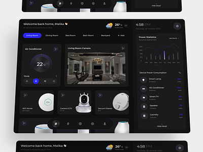 RumahPin - Smart Home Dashboard chart darkmode dashboard dashboard control design device home automation lamp remote control smart device smart home app smart home dashboard smarthome tech temperature thermostat ui uiux ux weather