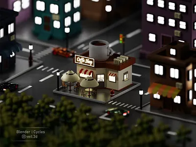 Coffe Shop Isometric 3d 3d illlustration 3d render coffe coffe shop design illustration isometric low poly night town