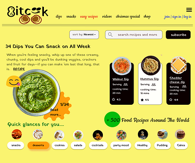 A recipe page for '8itcook'- cooking website landing page. branding design logo typography ui