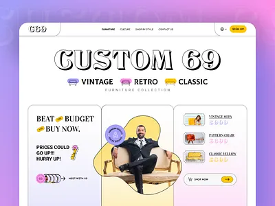 Vintage Furniture Website Concept I Custom 69 brutalist design classic furniture figma design figma template furniture website landing page minimal ui modern web retro design retro furniture uiux design vintage design vintage furniture vintage ui web ui website design