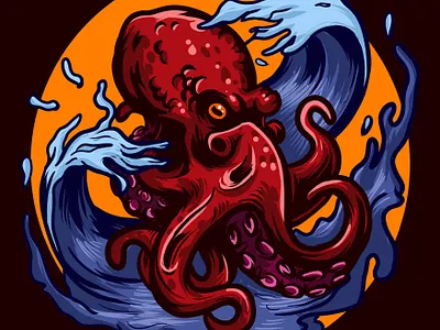 Wave Octopus Red Blue animal illustration octopus t shirt tee