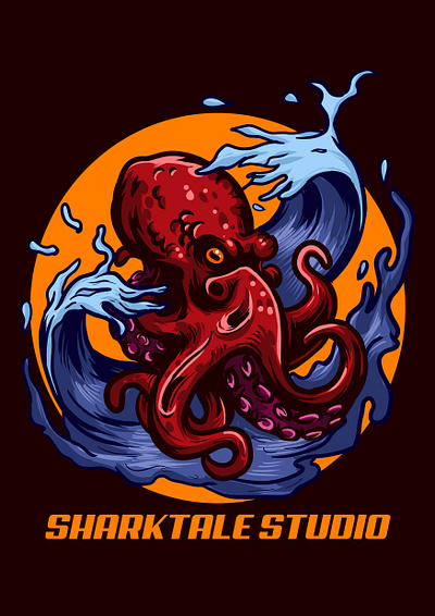 Wave Octopus Red Blue animal illustration octopus t shirt tee