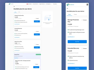 Plans listing page for OneAssist benefits buy card compare design desktop detail empty state list view listing mobile mobile view new plans tab bar tabs tag ui web