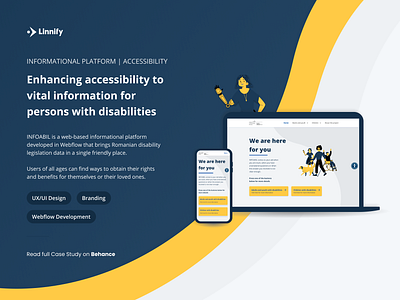 INFOABIL • Accessibility platform • UX/UI Case Study accessibility accessibility checker blue branding disability figma information legislation national navgation platform romania social ui userway ux web based web design webflow yellow