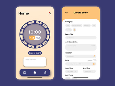 Home/Create Event Mobile App adobe xd android app design application branding category clock create event design graphic design home illustration iphone minimal mobile app mobile app design trendy design 2023 ui design ux design