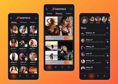 Dating App Design | Chat & Search app branding chat concept dailyui dailyuichallenge dark theme dating dating app design inspiration love app match mobile mobile app orange profile search swiping ui