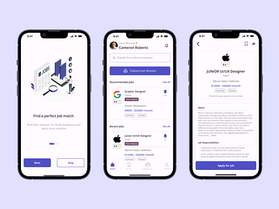 Jobhunt app design homepage job job finder job search navigation onboarding screen ui ui design ux visual design