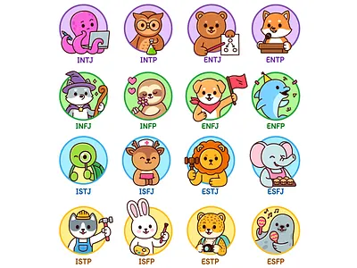 MBTI 16 Personalities animals cartoon character cute illustration kawaii mbti myers briggs vector