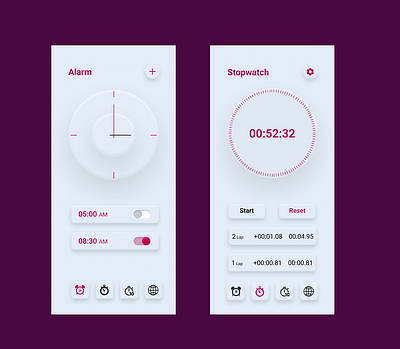 NEUMORPHIC CLOCK APP app colours design figma graphic design illustration mobile neumorphism photoshop ui ux webpage xd