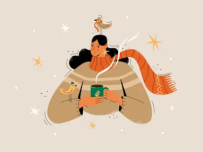 DTIYS girl and birds adobe iilustrator birds challenge characters christmas cozy time cup of tea dtiys flat girl illustration line shapes texture vector winter woman illustration