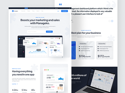 Saas Landing Page - Manageko. admin admin dashboard chart component ui crm dashboard dashboard landing page graphs landing page marketing marketing page saas sales management sales management website shop software statistics task management web design website