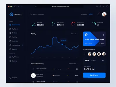 Starpaye - Finance Dashboard Dark Mode admin panel chart clean components credit card dashboard elegant finance dashboard finance management fintech minimal navigation payment dashboard saas sidebar ui ui design wallet web