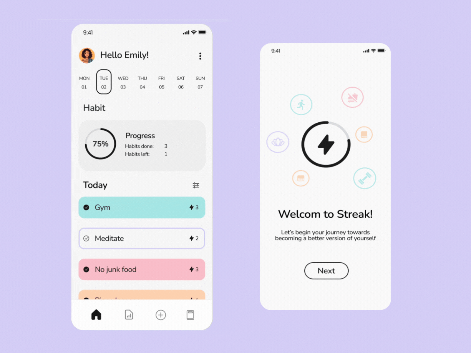 Streak | Habit Tracker animation app appdesign appdesignconcept appinteractions colorfulappdesign colourfului dailyui design figma figmadesign homepage interactions microinteractions screens ui uiscreens