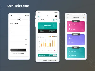 Arch Telecome App | UX/UI card color dashboard detail green list logo management minimal mobile app phone service telecome ui design uiux
