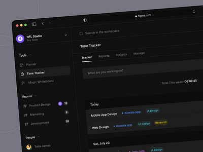 Time Tracker - Project Management Dashboard Design dark dashboard darkmode dashboard design panel panel design project management project management dashboard project management panel project manager sidebar time tracker ui ui design uidesigner uiux user interface ux web app web design