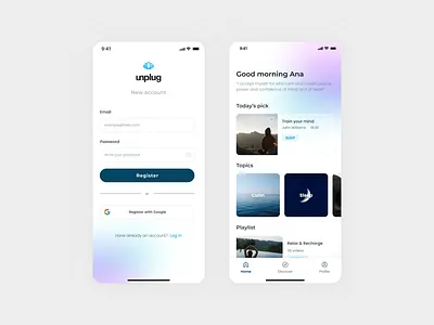 Sign up & Home - Unplug redesign daily ui dailyui dailyuichallenge home in log log in login meditate redesign sign signup unplug up