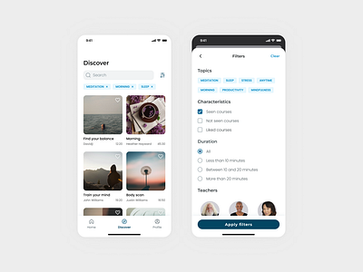 Discover & Filters - Unplug Redesign app cards chip daily ui dailyui dailyuichallenge discover favorite filter filters meditate navbar redesign unplug