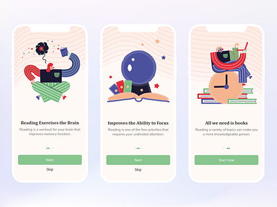 Onboarding Screens - Bookstore App app book design e book illustration onboarding reading screen ui ui ux ux