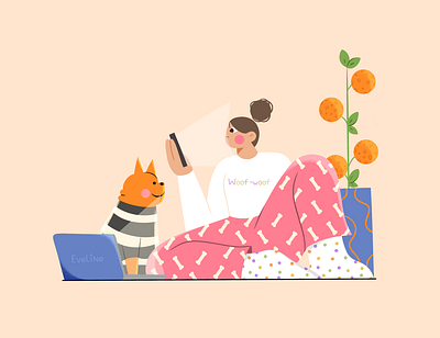 Working from home with little prisoner 2d best friend cartoon character design cute design dog flat freelance girl graphic design hand drawn home illustration lettering pet procreate pyjama vector work