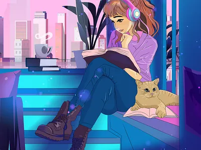 Lofi Girl cat chill girl illustration muse music vector