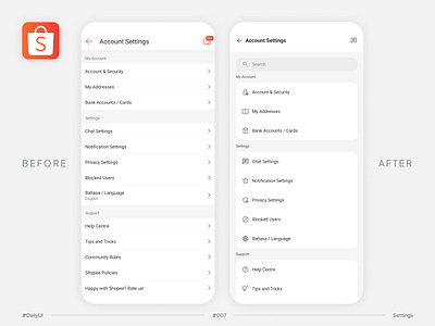 #DailyUI Challenge #007 Settings - Shopee Account Settings account settings dailyui ecommerce marketplace mobile app redesign settings shopee ui ux