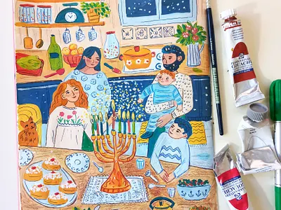 Happy Hanukkah art children book drawing family gouache hand drawn hanukkah holidays illustration painting winter