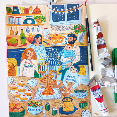 Happy Hanukkah art children book drawing family gouache hand drawn hanukkah holidays illustration painting winter