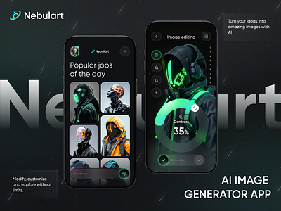 Futuristic AI Generator App ai app design app mobile artificial intelligence character generator cyberpunk disruptive innovation inspiration ios minimalism technology ui design ui futuristic ux design